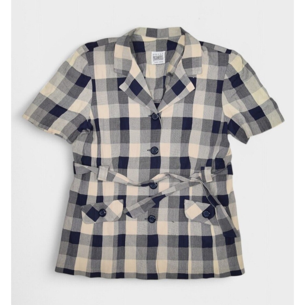 Vintage R&M Richards Top Womens 10 Small Plaid Blouse Short Sleeve Belted Kwong